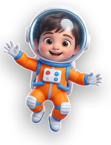 Smiling child astronaut waving in an orange space suit.