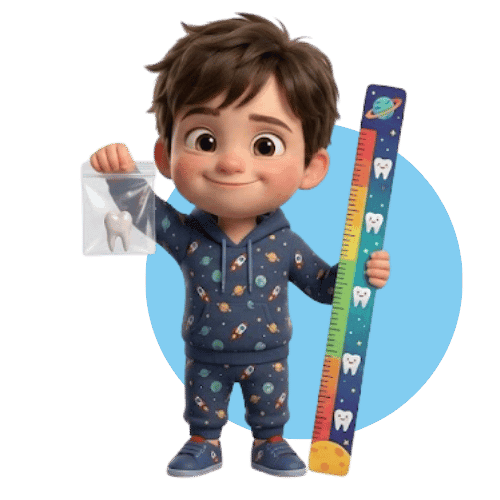 Smiling child holding a keepsake tooth bag and a growth ruler.